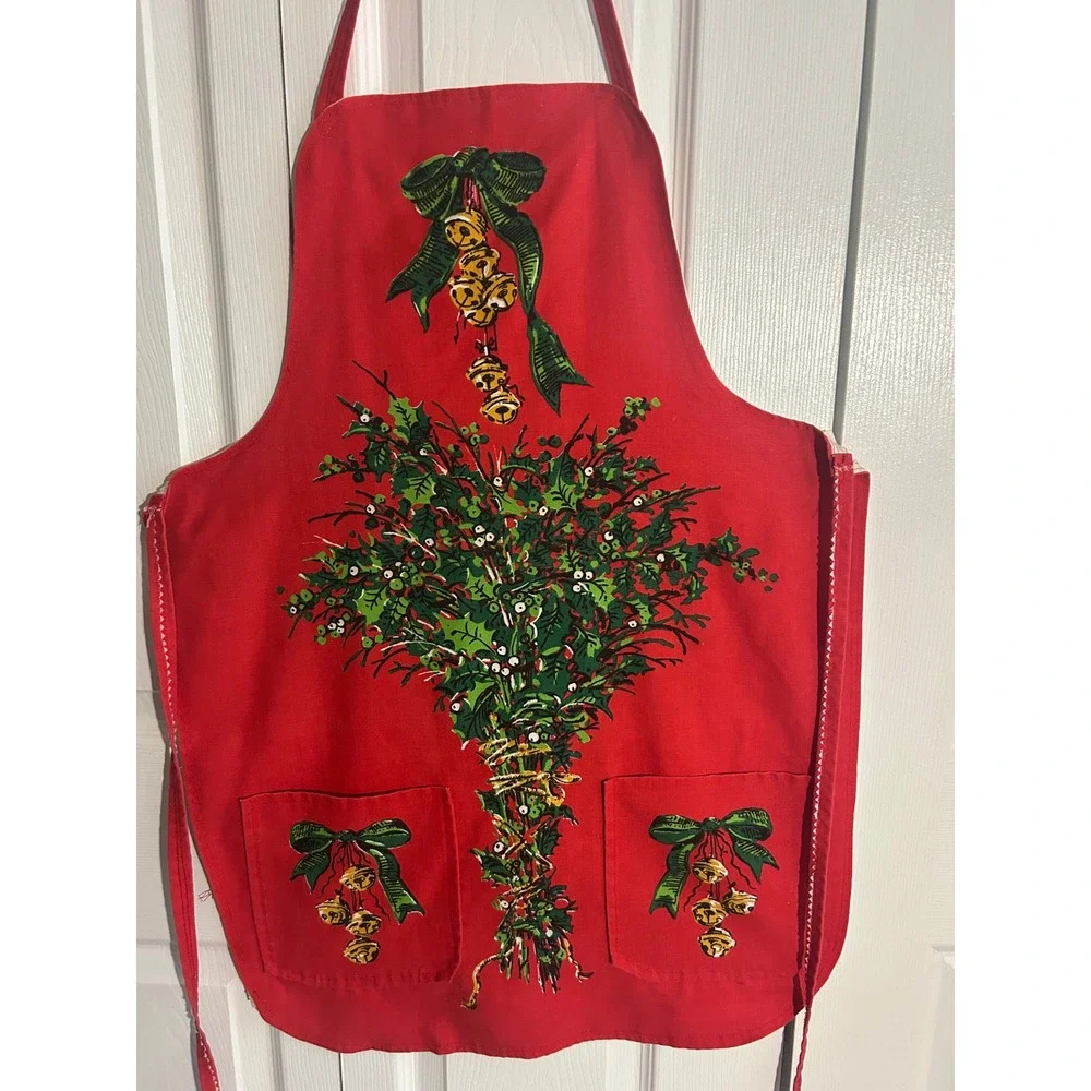 Vintage Christmas Apron Red Mistletoe Holly Golden Bells Ric Rac Trim Pockets